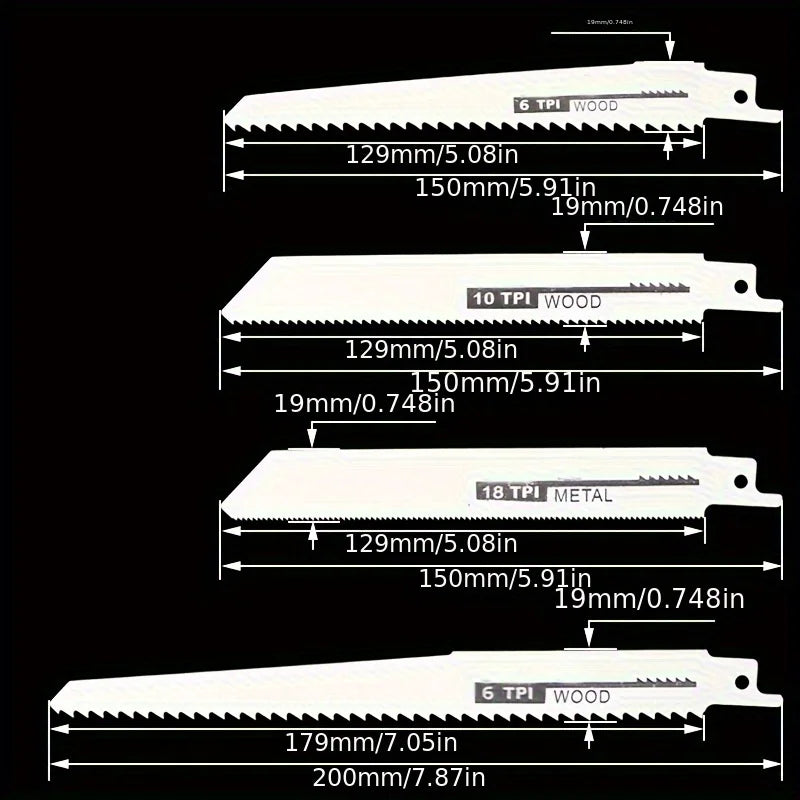 4pc Reciprocating Saw Blades Set - Wood/Metal Cutting - Coarse/Fine Teeth - High-Speed & Carbon Steel - Durable Precision Cuts