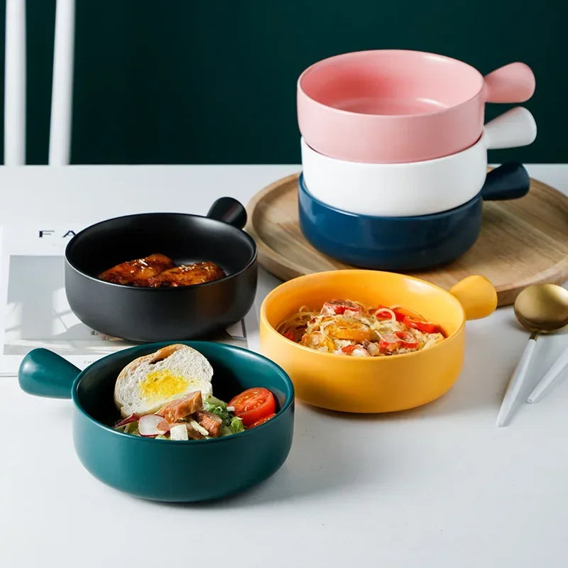 Salad Bowl with Handle, Solid Color, Breakfast Cereal Fruit Bowl, Dessert Soup Noodle Bowl, Microwave Oven