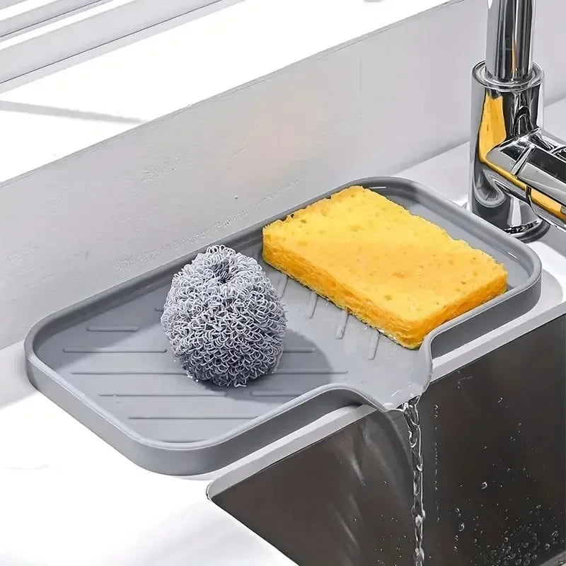 Silicone Sink Organizer Tray with Drain, Soap Sponge Holder, Scrubber Brush Storage, Countertop Kitchen Organizer