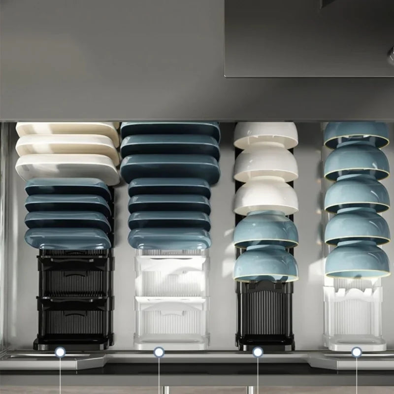 Bowls Dish Storage Rack Adjustable Buckle Kitchen Cabinet Drawer Storage Holder Dish Drain Rack Kitchen Drainage Storage Tool