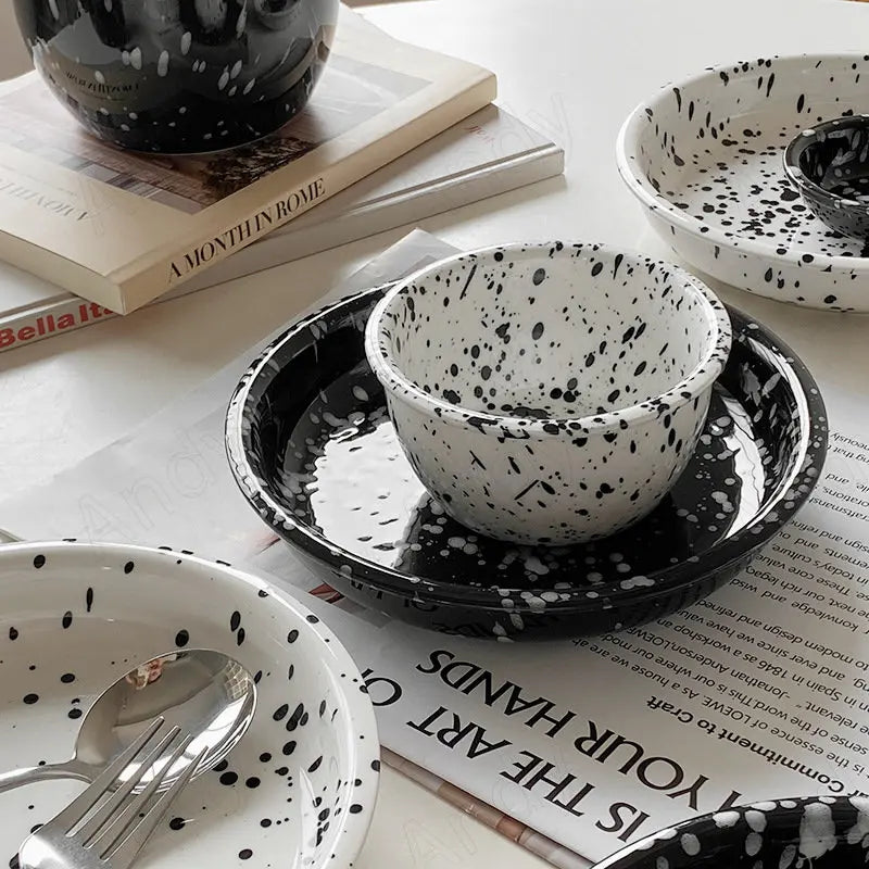 Modern Ceramic Plate Set Creative Splashing Ink Decor Breakfast Bread Plates Afternoon Tea Desktop Dessert Dish Kitchen Cutlery