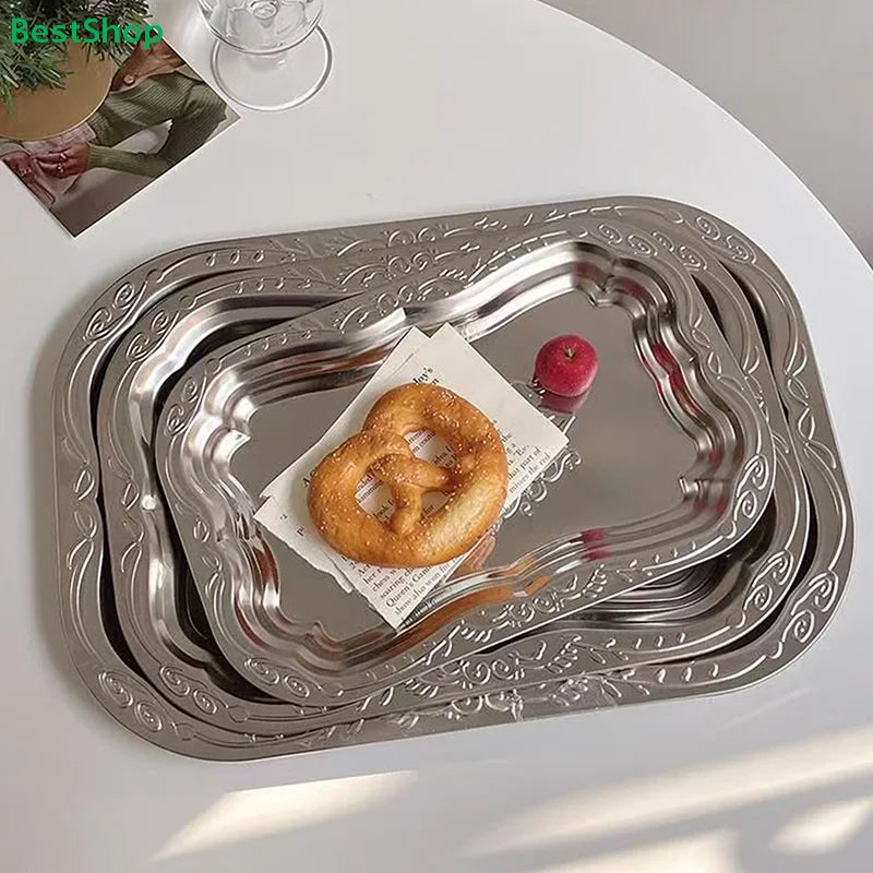 ♥Vintage Engraved Stainless Steel Serving Trays - Decorative Rectangle Platter for Party, Dining & Home Decor