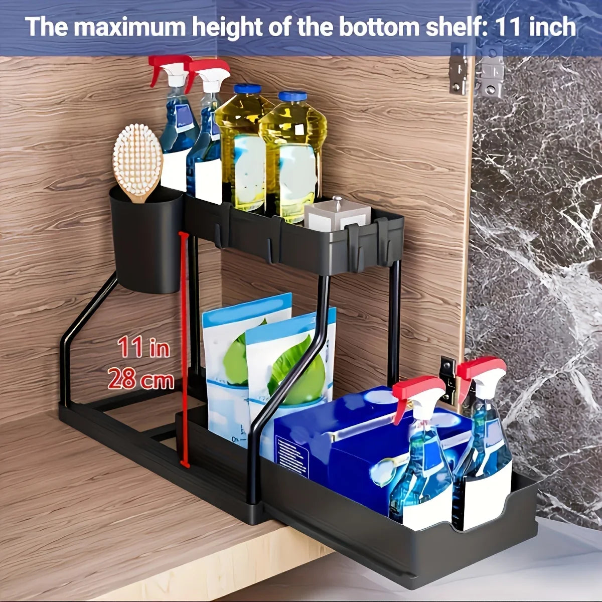 Under Sink Organizer Space Saving 2 Tier Pull Out Storage Box Durable Large Capacity Kitchen Bathroom Essential Drawer Organizer