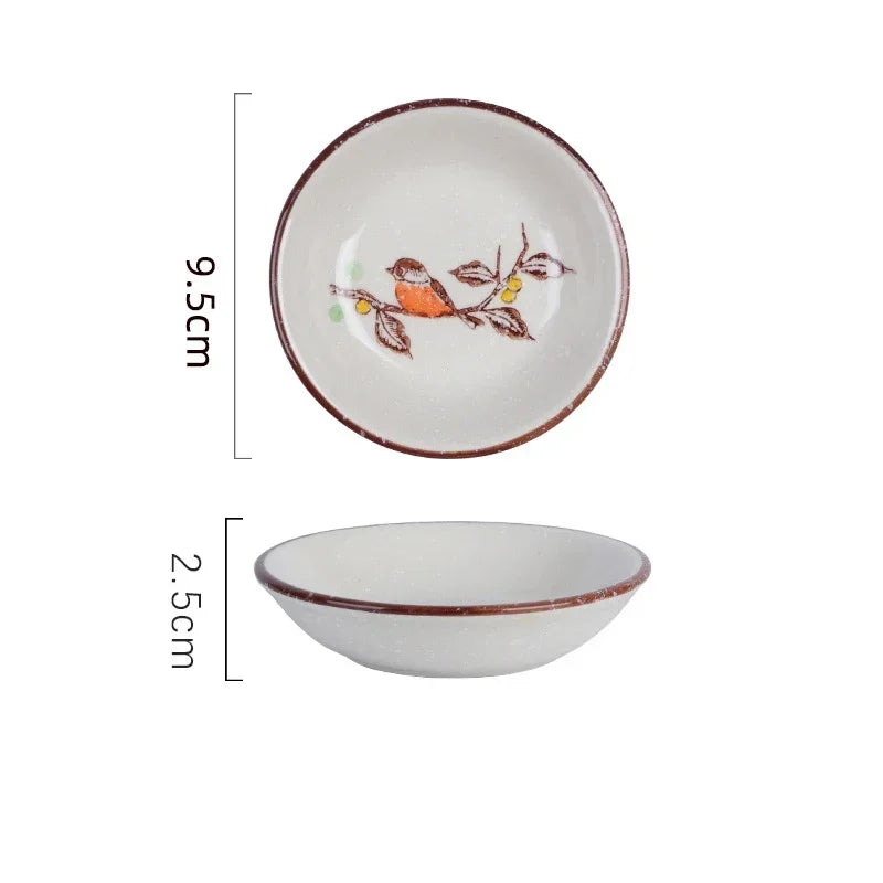 Ceramic Season Dish Japanese Flower Bird Pattern Porcelain Taste Plate Round Small Plate Dipping Saucer Dish Kitchen Tableware
