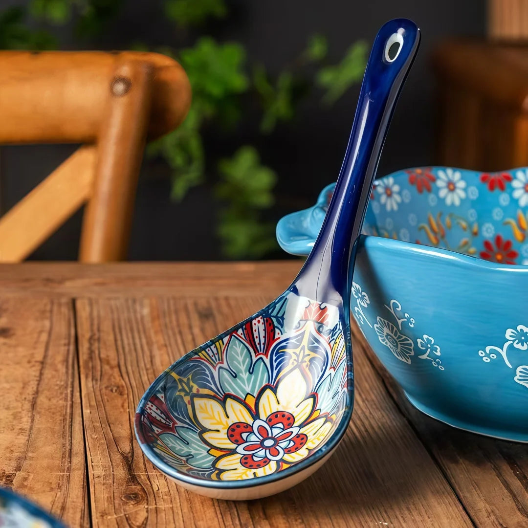 Set of 2 Bohemian Ceramic Serving Spoons - Colorful Decorative Utensils for Dining