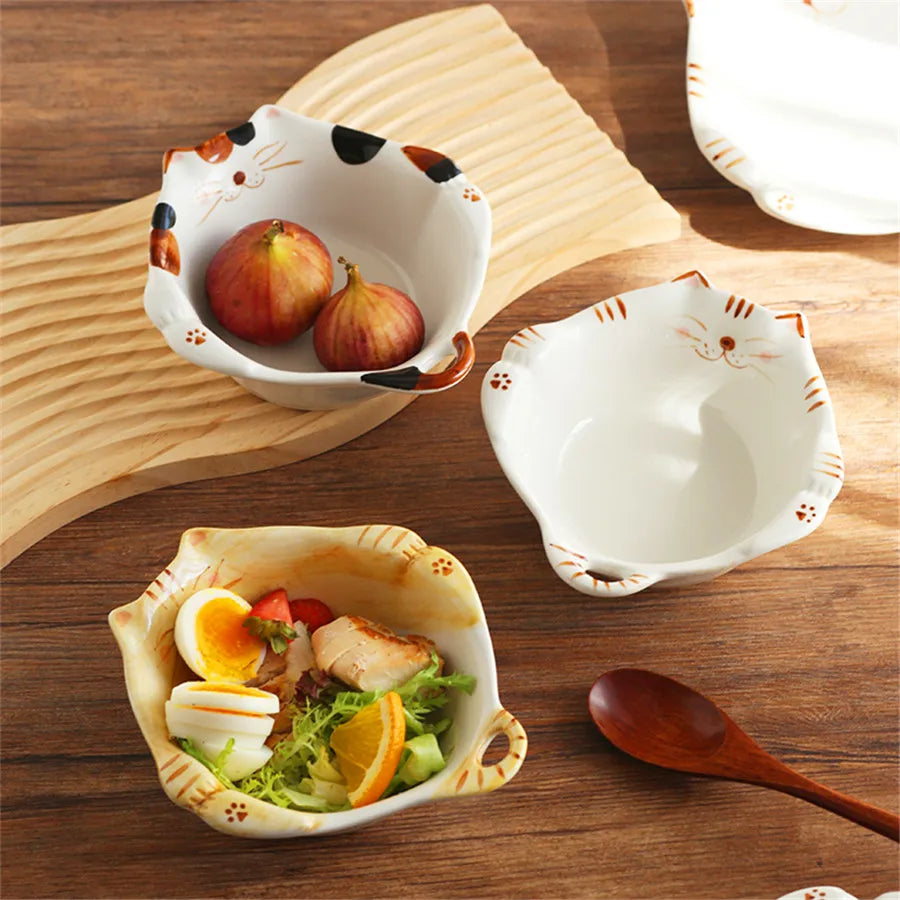 Ceramic salad bowl, creative hand drawn kitten bowl, 330ml/11oz cute fruit salad bowl