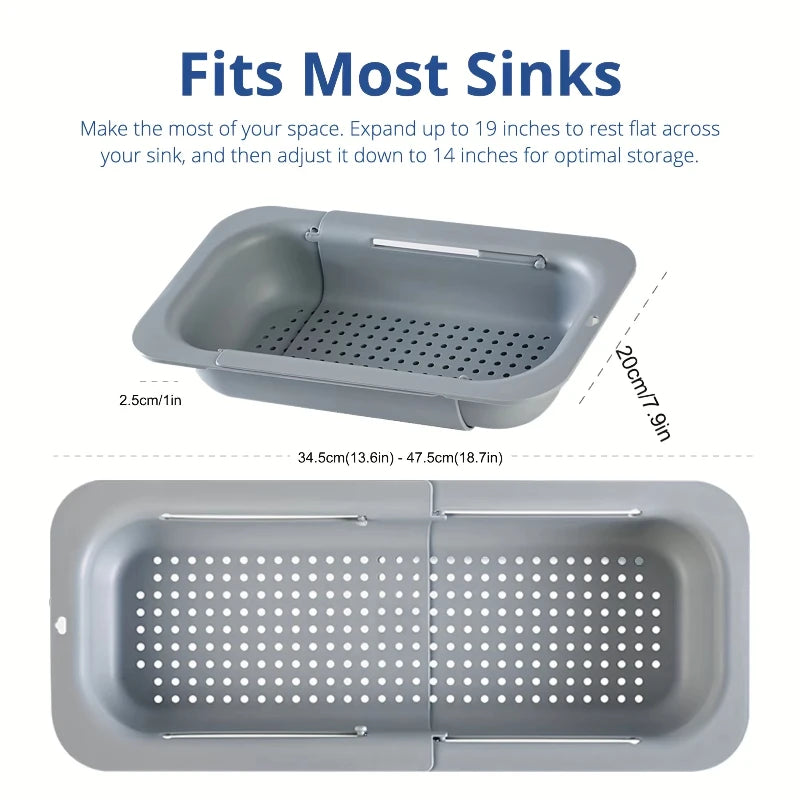 Sink Colander Basket, Organizer Storage Blue, Draining Plate - Expandable Home Kitchen Essentials (7.9Wx14.5-19.5Lx2.75H) Gray