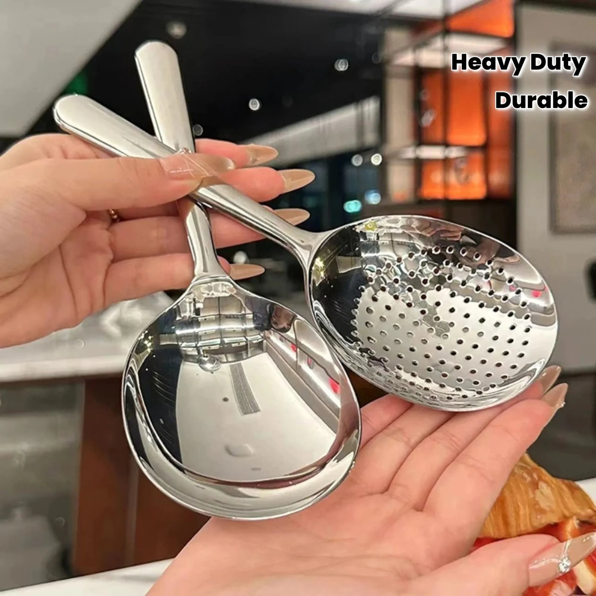 2pcs Heavy-Duty Commercial & Home Kitchen Spoons - Large Serving Spoons with Heat-Resistant Short Handle, Drainage Holes