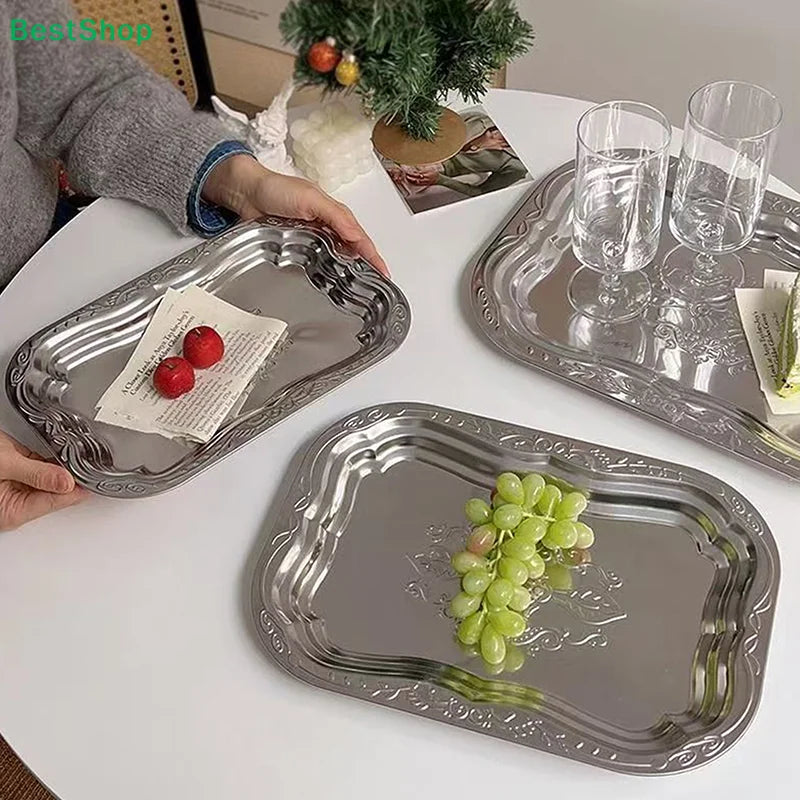 ♥Vintage Engraved Stainless Steel Serving Trays - Decorative Rectangle Platter for Party, Dining & Home Decor