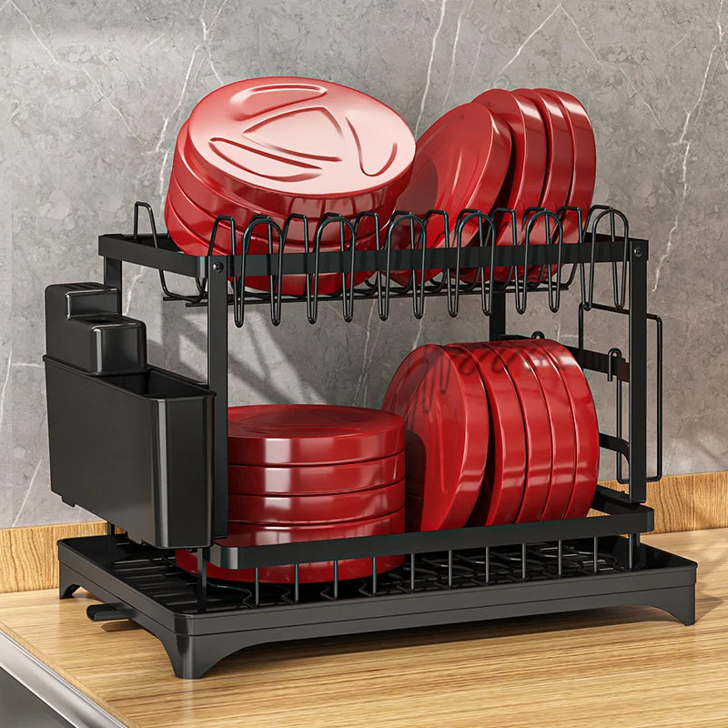 Multifunctional Dishs Drying Rack - Rustproof 2-Tier Dish Racks with Drainboard, Space-Saving Design, Utensil & Cup Holder