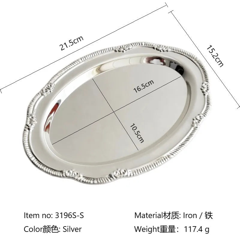 Vintage Embossed Silver Tray Serving Platter for Desserts Jewelry Storage Organizer Snack Plate Dining Table Decoration