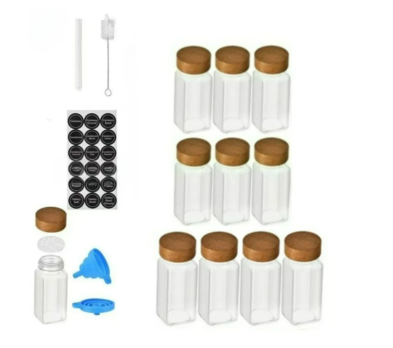 Square Spice Jars Set with Wooden Lid Spice Jars with Shaker Insert and Labels - Empty Glass Container for Spice Organisation