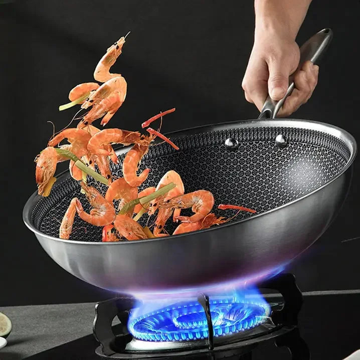 Stainless steel stir fry pan, non stick pan, household stir fry pan, flat bottomed pan, gas electric stove, universal pan
