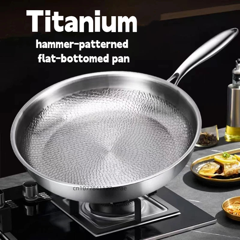 Titanium frying pan, flat-bottomed pan, non-stick pan without coating, household hammered-patterned pan, thick-cut steak pan
