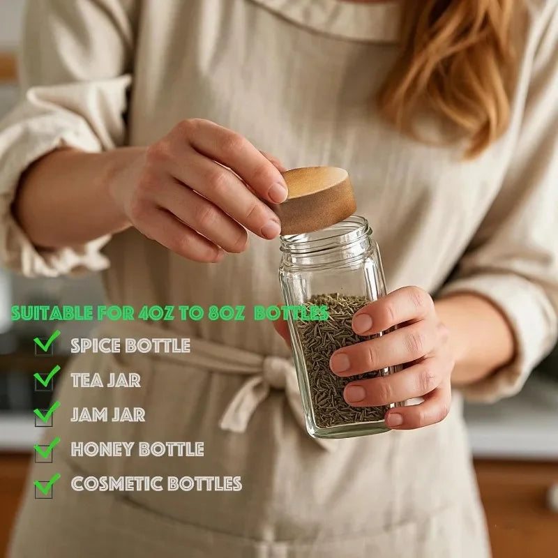 Square Spice Jars Set with Wooden Lid Spice Jars with Shaker Insert and Labels - Empty Glass Container for Spice Organisation