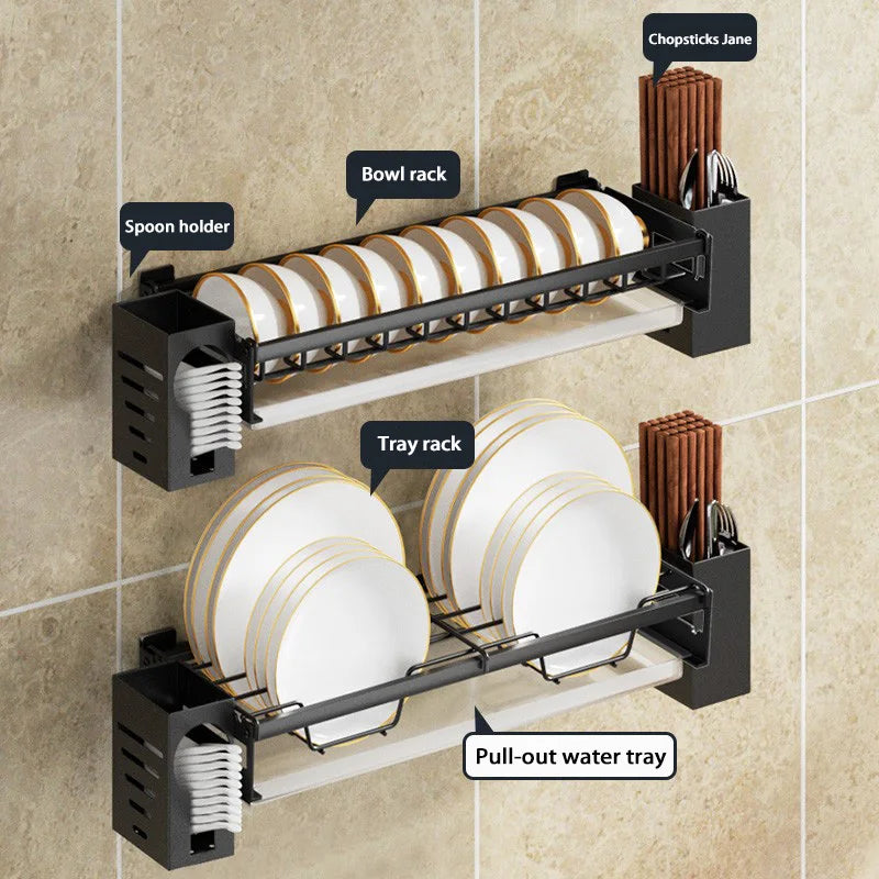 Dish Rack Wall Mounted Modern Kitchen Multifunctional Shelf Bowl Plate Drying Hanging Rack Chopsticks Fork Storage Shelves