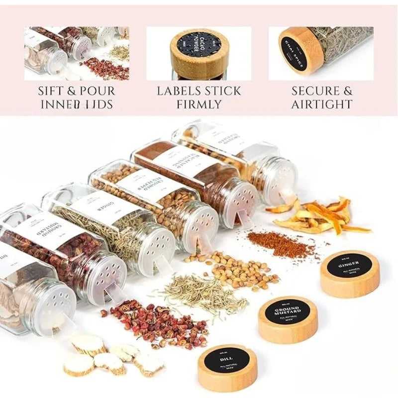 Square Spice Jars Set with Wooden Lid Spice Jars with Shaker Insert and Labels - Empty Glass Container for Spice Organisation