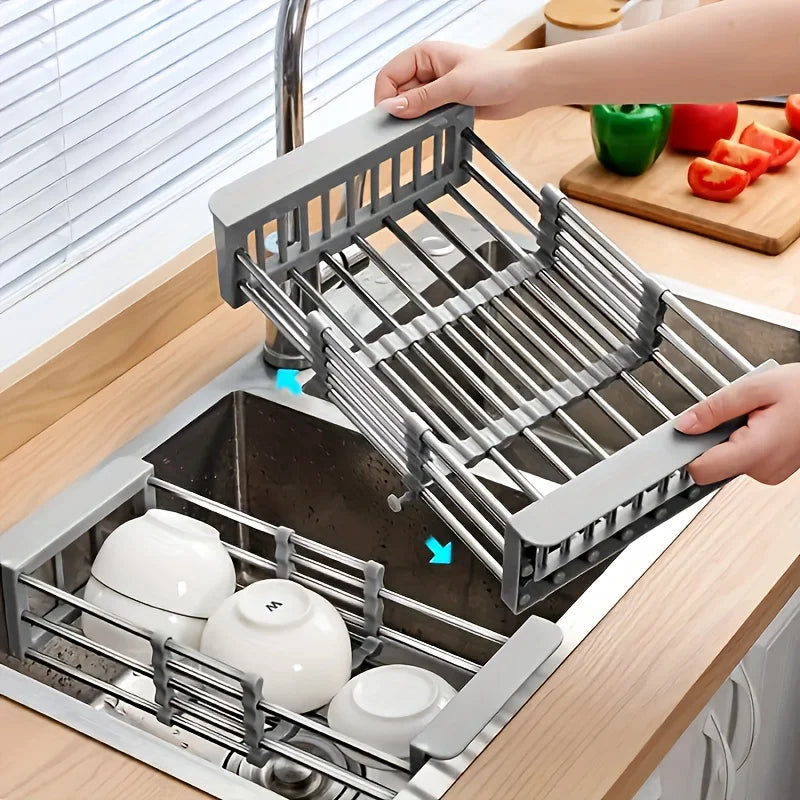 Kitchen Sink Drain Rack Retractable Stainless Steel Drain Basket Over The Sink Dish Drying Rack Multifunctional Accessories