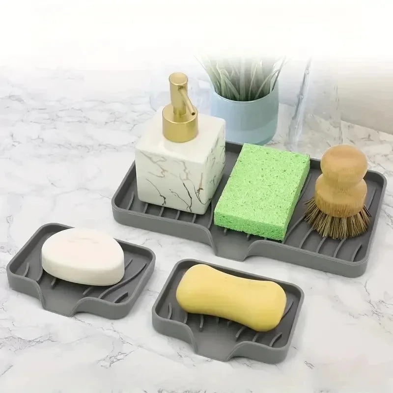 Silicone Sink Organizer Tray with Drain, Soap Sponge Holder, Scrubber Brush Storage, Countertop Kitchen Organizer