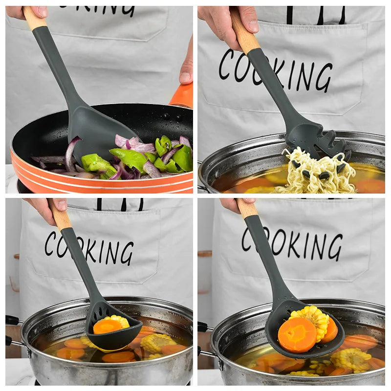 Silicone kitchenware set with wooden handles. Kitchen tools: silicone spatula, strainer, frying spatula