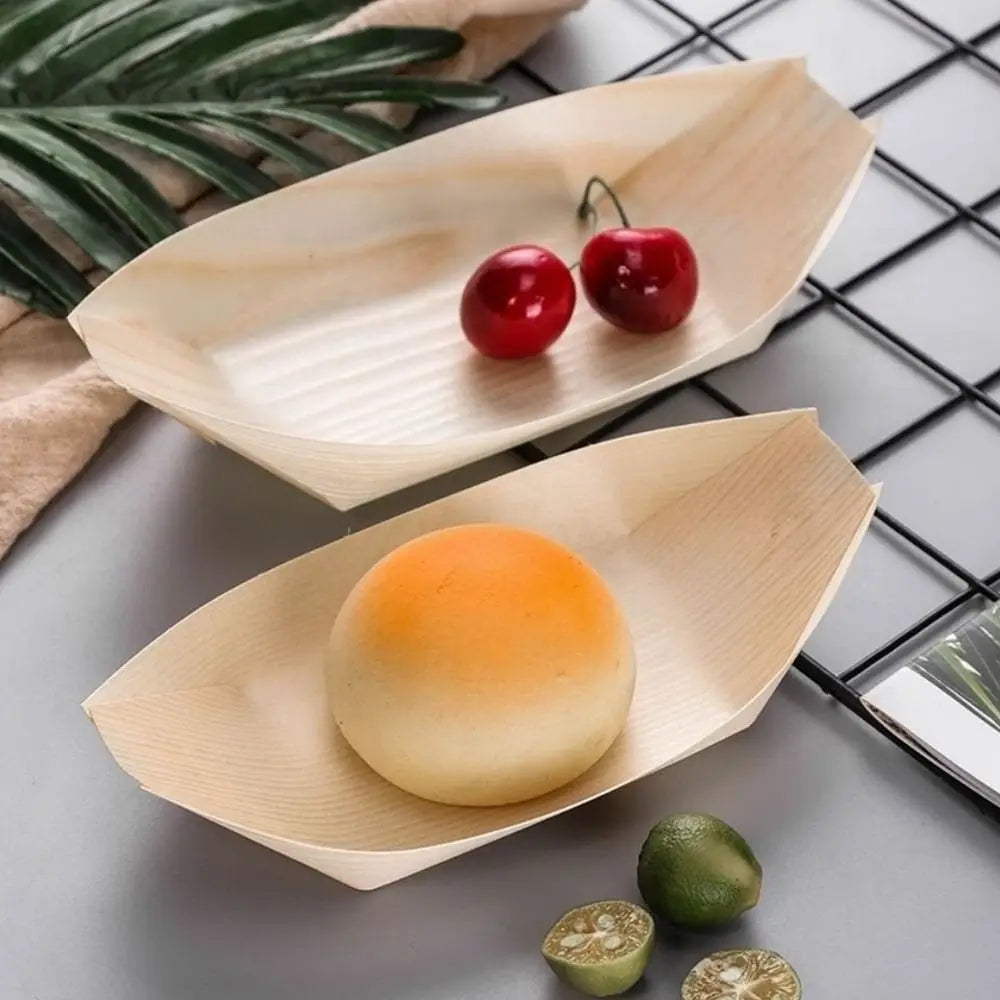 50PCS Multi-size Disposable Wooden Boat-shaped Plate Japanese Dish Food Serving Sushi Plate Boat-shape Tray Wood Serving Boats