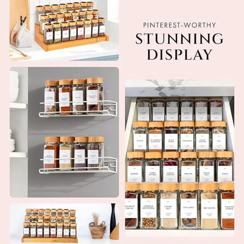 Square Spice Jars Set with Wooden Lid Spice Jars with Shaker Insert and Labels - Empty Glass Container for Spice Organisation