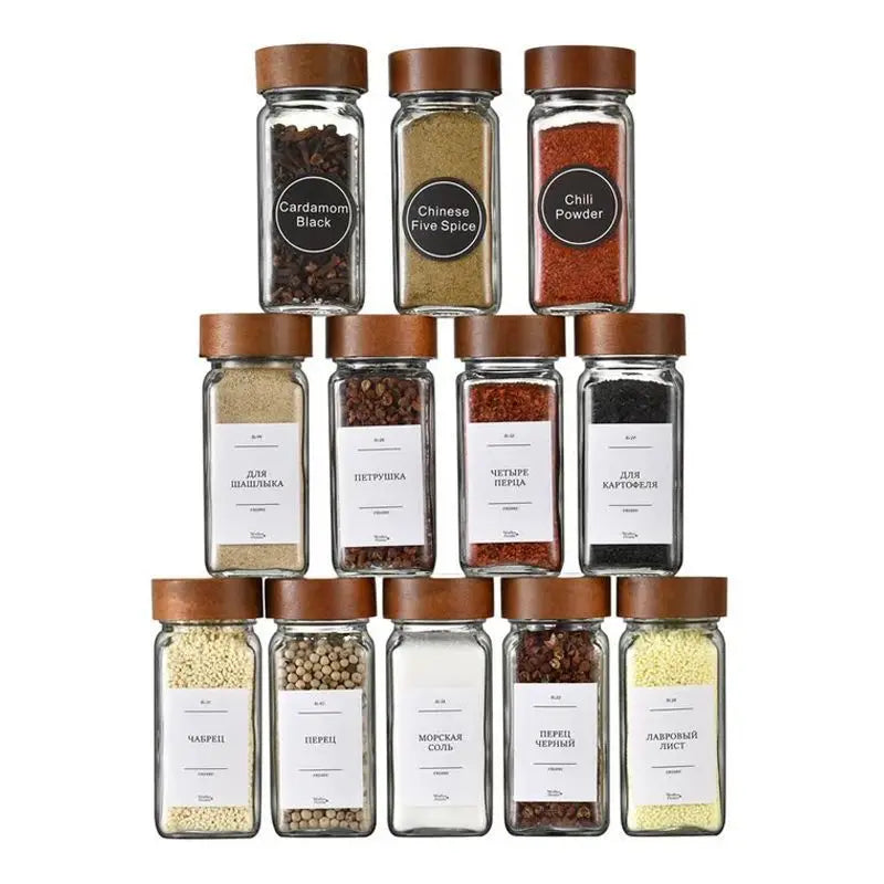 Square Spice Jars Set with Wooden Lid Spice Jars with Shaker Insert and Labels - Empty Glass Container for Spice Organisation