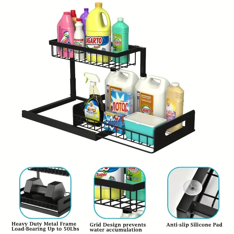Under Sink Organizer, Pull Out Cabinet Organizer 2 Tier Slide Out Sink Shelf Cabinet Storage Shelves, Under Sink Storage
