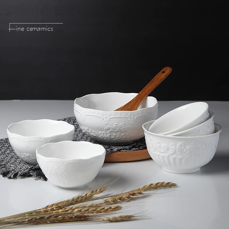 4/5/6inch, white embossed porcelain salad bowls, ceramic cooking food bowl, japanese rice bowl , kitchen food container, small