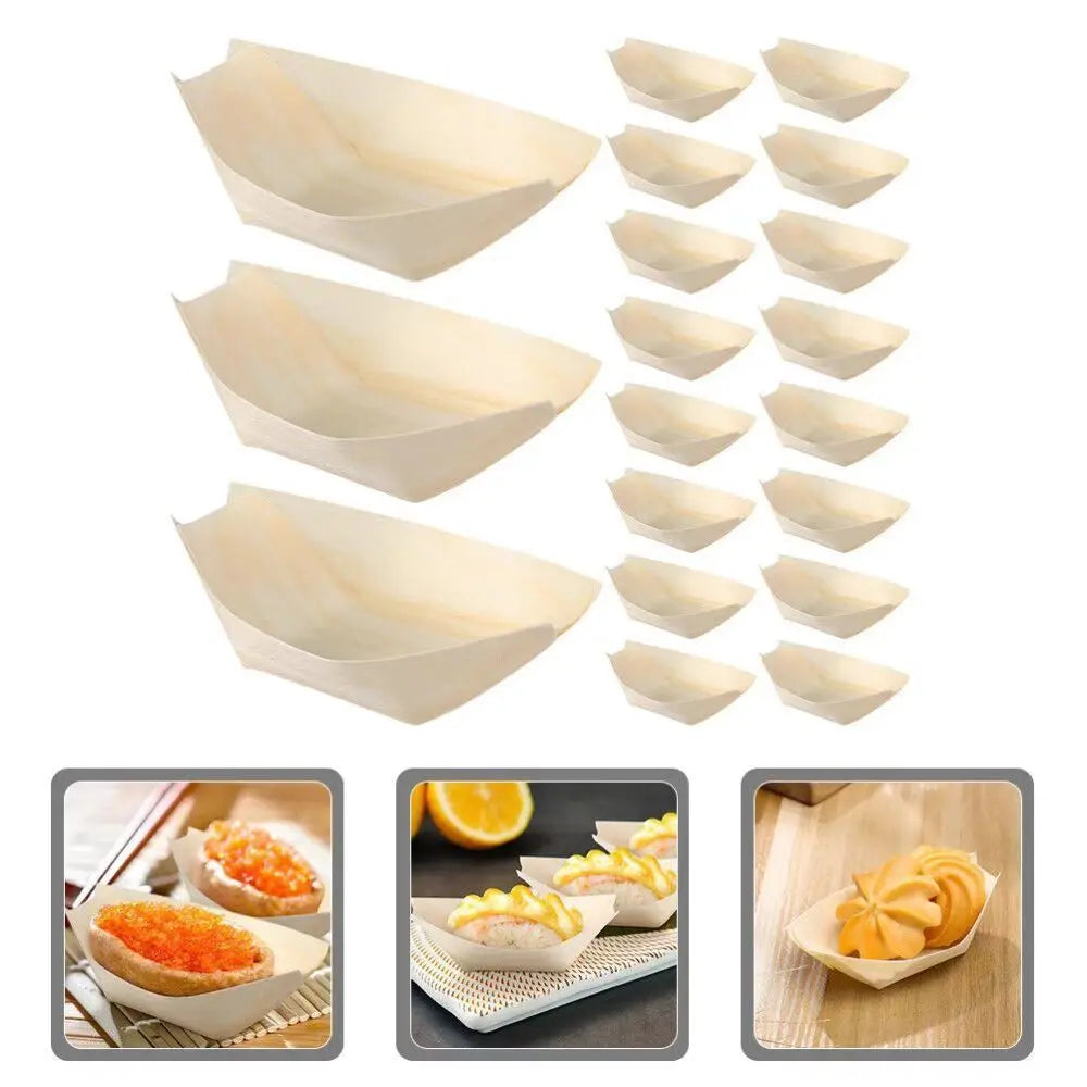 50PCS Multi-size Disposable Wooden Boat-shaped Plate Japanese Dish Food Serving Sushi Plate Boat-shape Tray Wood Serving Boats