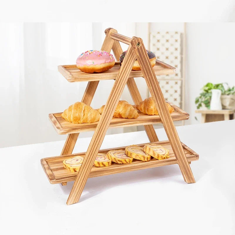 Wooden Three-Layer Serving Trays, Cupcake Stand, Fruit Cake Stand, Dessert Serving Tray, Detachable Rectangle Platter, 3 Tiered