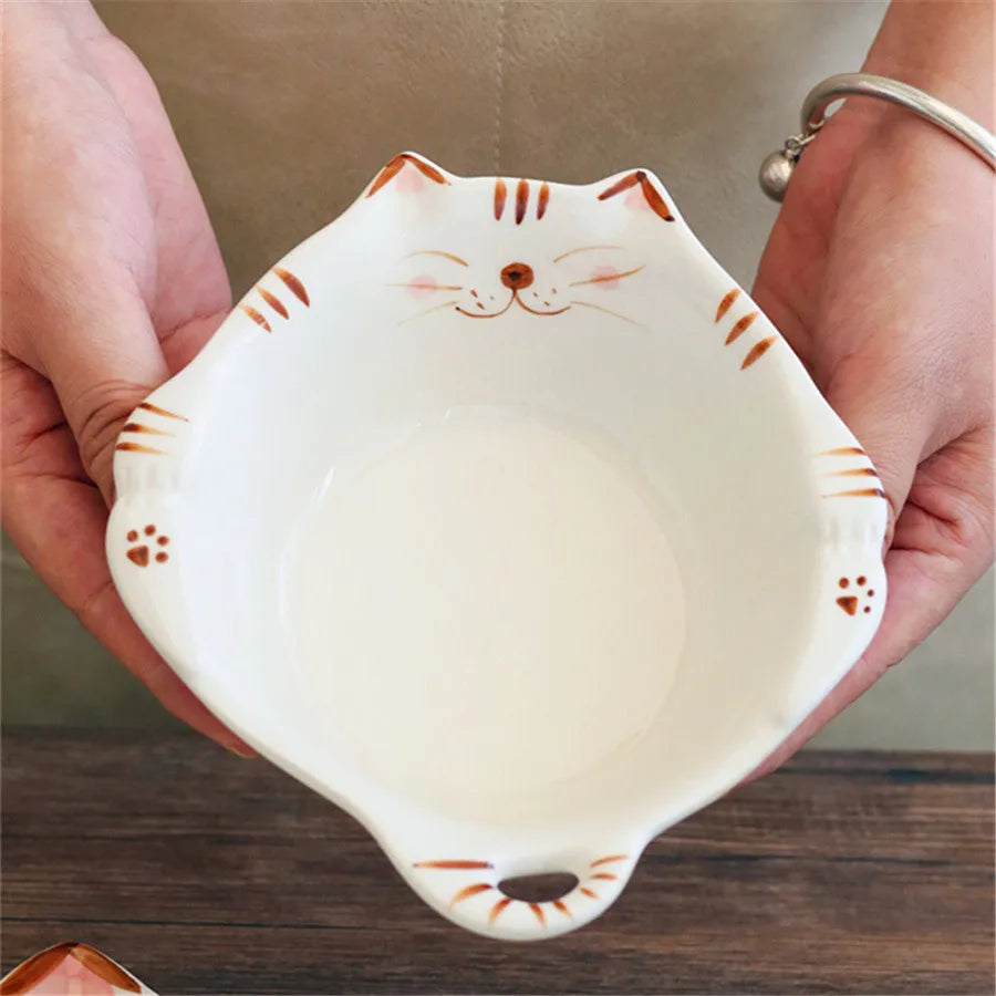 Ceramic salad bowl, creative hand drawn kitten bowl, 330ml/11oz cute fruit salad bowl