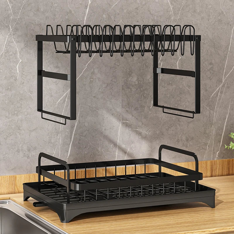 Multifunctional Dishs Drying Rack - Rustproof 2-Tier Dish Racks with Drainboard, Space-Saving Design, Utensil & Cup Holder