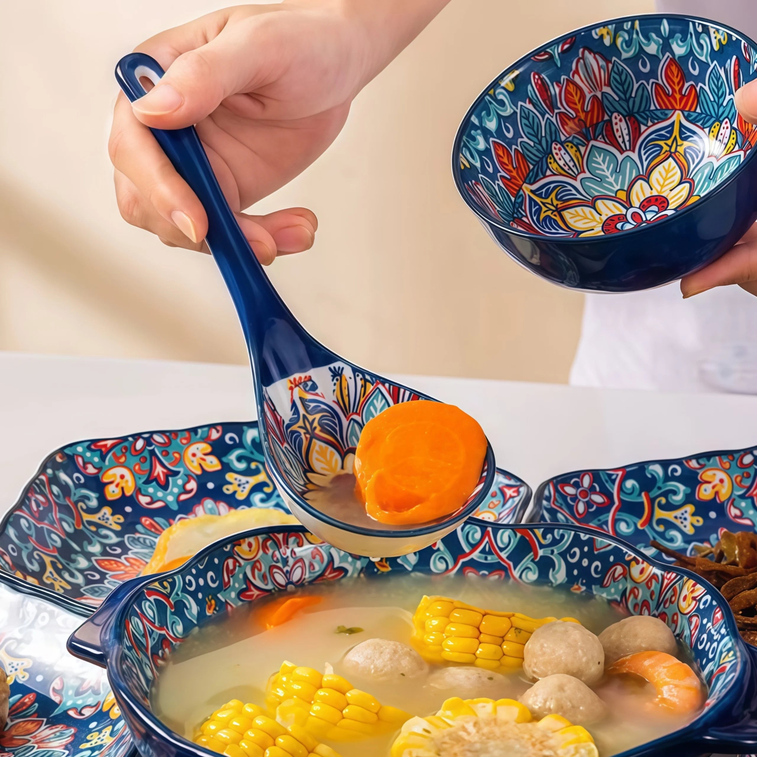 Set of 2 Bohemian Ceramic Serving Spoons - Colorful Decorative Utensils for Dining