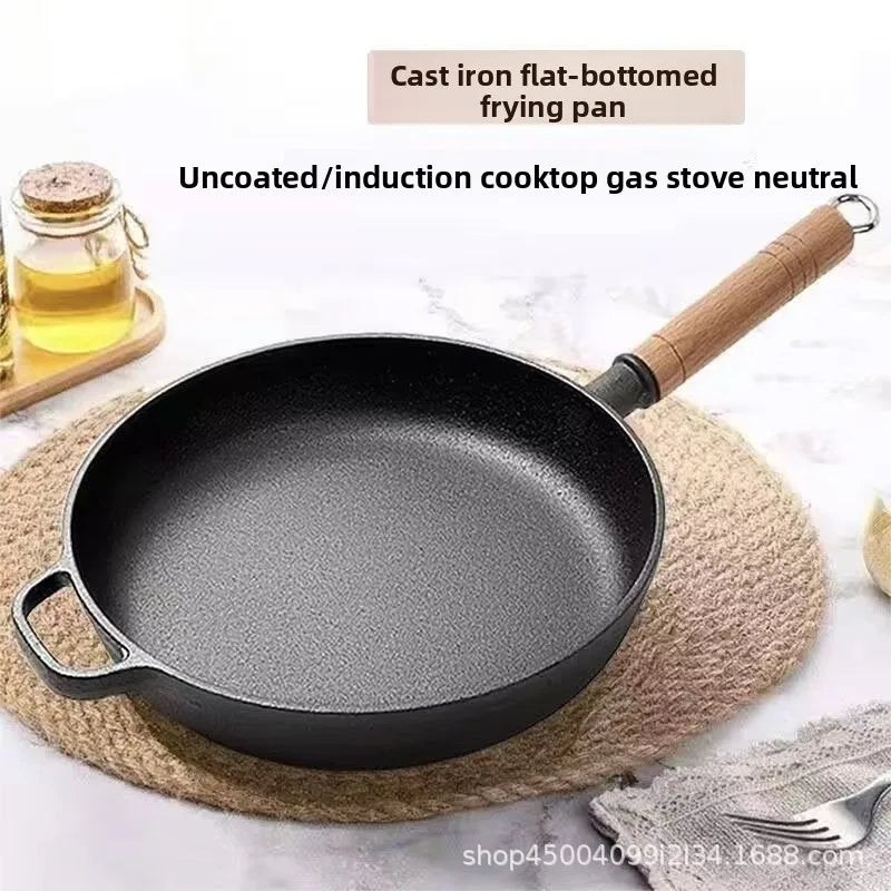 Cast iron flat bottomed pan, non stick pan, uncoated steak frying pan, gas stove, iron pan, old-fashioned pancake pan