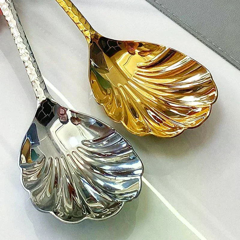 Shell-Shaped Serving Spoons Stainless Steel Vegetable Spoons Large Fan-Shaped Soup Spoons Suitable For Family Parties Restaurant