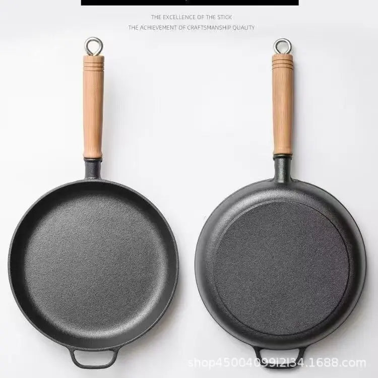 Cast iron flat bottomed pan, non stick pan, uncoated steak frying pan, gas stove, iron pan, old-fashioned pancake pan