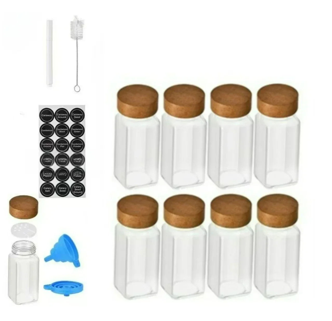 Square Spice Jars Set with Wooden Lid Spice Jars with Shaker Insert and Labels - Empty Glass Container for Spice Organisation