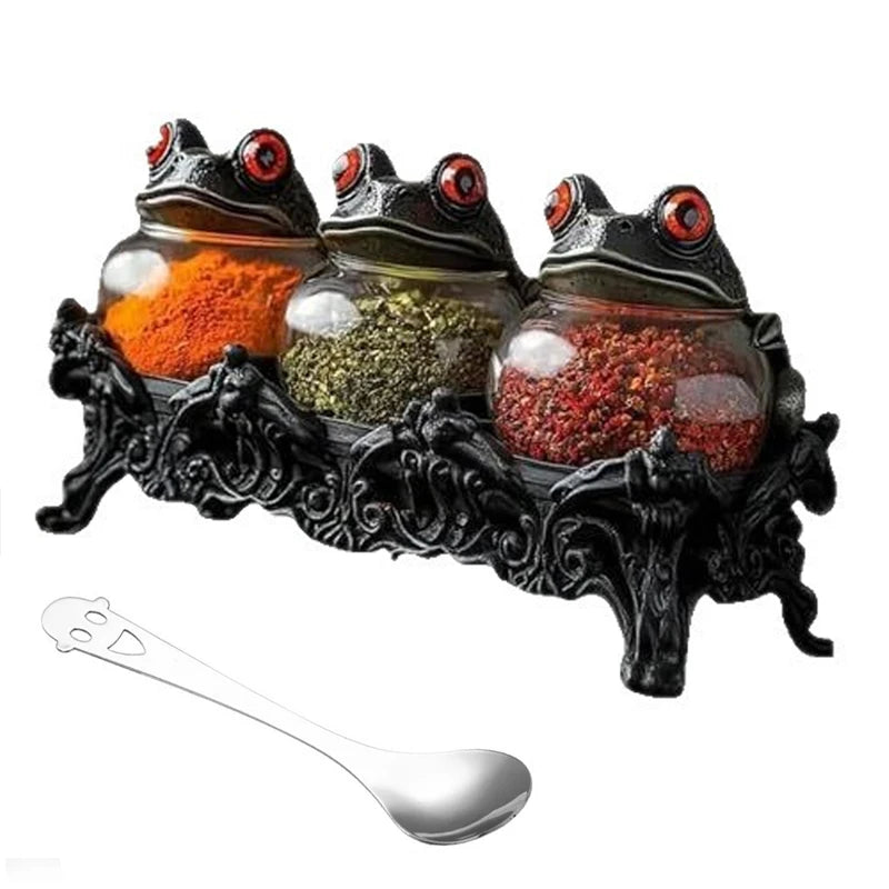 3Pcs Unique Vintage Witchy Frog Spice Jars Clear Glass Apothecary Seasoning Jars Frog Lids Spice Containers for Salt Pepper