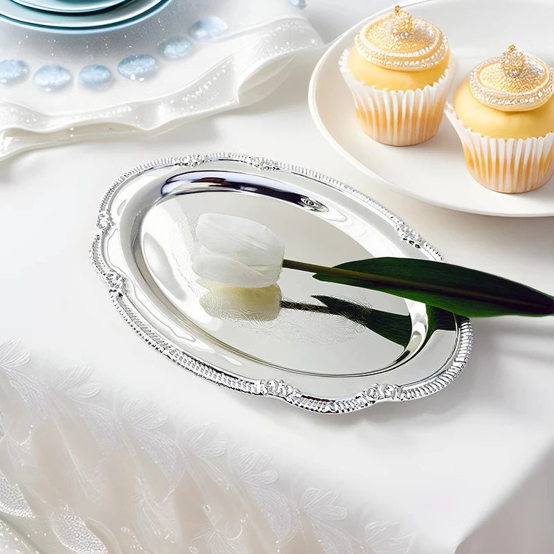 Vintage Embossed Silver Tray Serving Platter for Desserts Jewelry Storage Organizer Snack Plate Dining Table Decoration