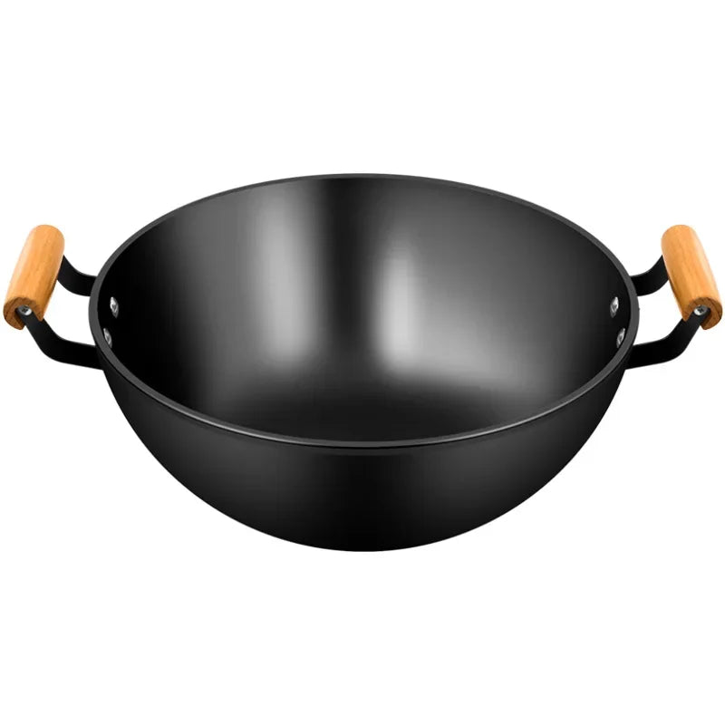 Thickened double ear iron pan frying pan, household deep stew pan, flat bottomed non stick pan, induction cooker frying pan