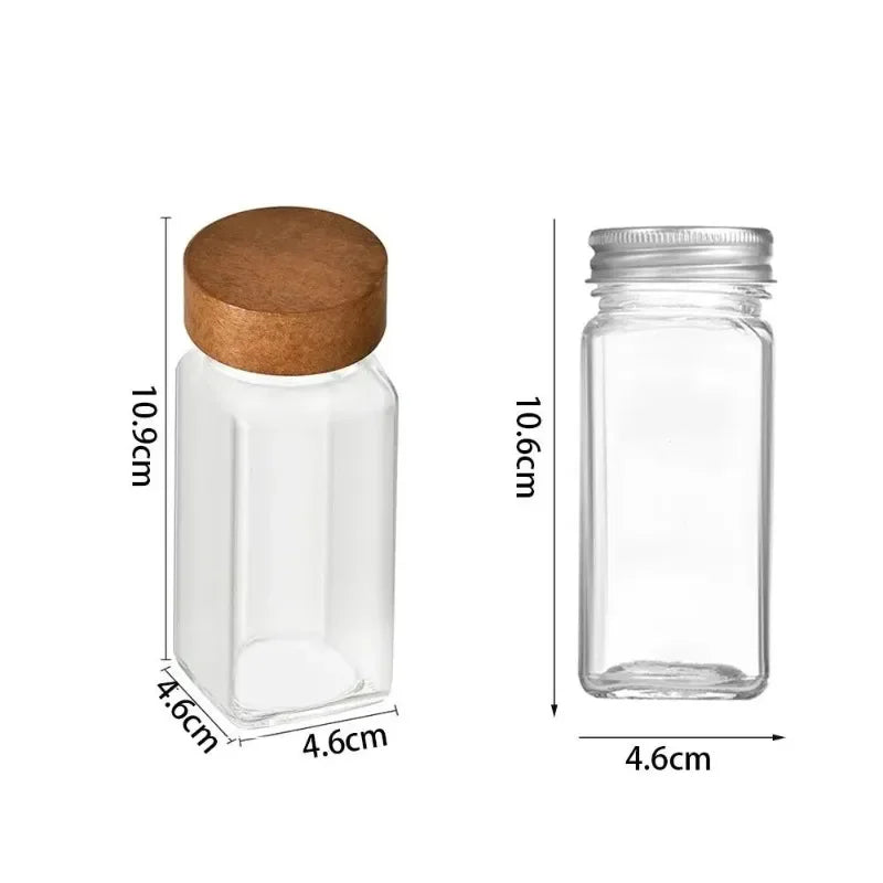 Square Spice Jars Set with Wooden Lid Spice Jars with Shaker Insert and Labels - Empty Glass Container for Spice Organisation
