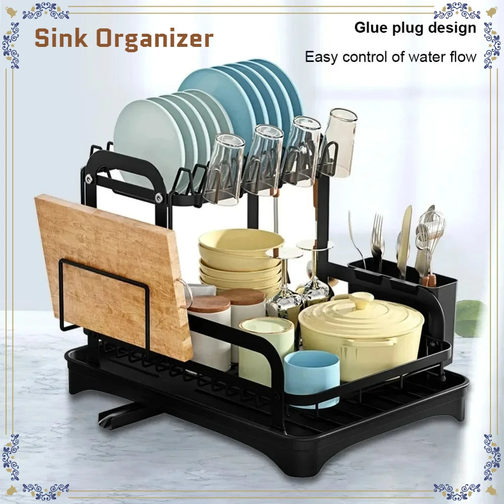 Sink Organizer 2 Tier Dish Drying Rack with Drip Tray Dish Drainer for Kitchen Plate Bowl Chopstick Cutting Board Storage Holder