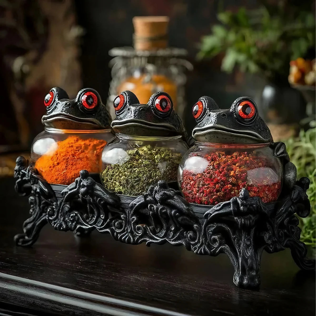3Pcs Unique Vintage Witchy Frog Spice Jars Clear Glass Apothecary Seasoning Jars Frog Lids Spice Containers for Salt Pepper