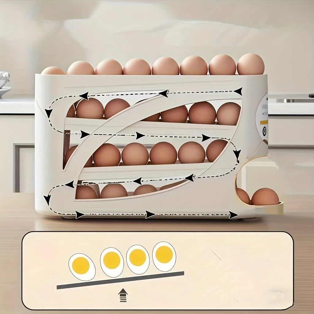 Fridge Egg Holder - 4-Tier Slide-Out Rack for 30 Eggs | Space-Saving Kitchen Organizer | Ergonomic Handle & Anti-Collision Rails