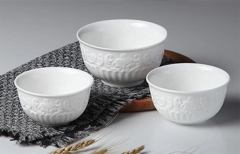 4/5/6inch, white embossed porcelain salad bowls, ceramic cooking food bowl, japanese rice bowl , kitchen food container, small