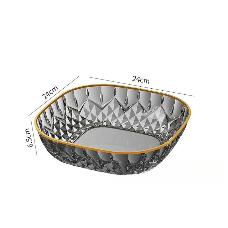 New Household Fruit Bowl Salad Dessert Biscuit Plate Plastic Square Transparent Tray Golden Edge Snack Plates Tableware