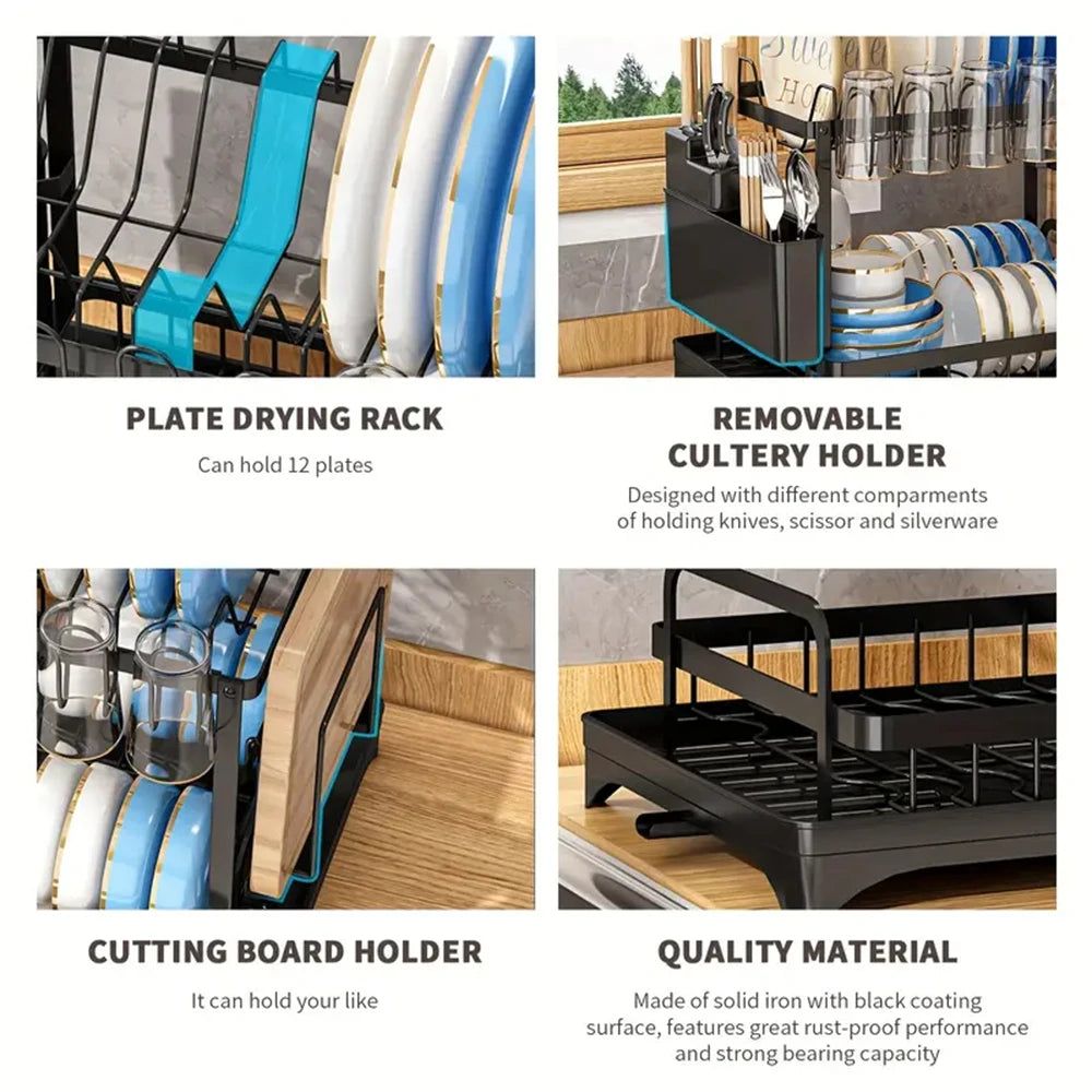 Multifunctional Dishs Drying Rack - Rustproof 2-Tier Dish Racks with Drainboard, Space-Saving Design, Utensil & Cup Holder