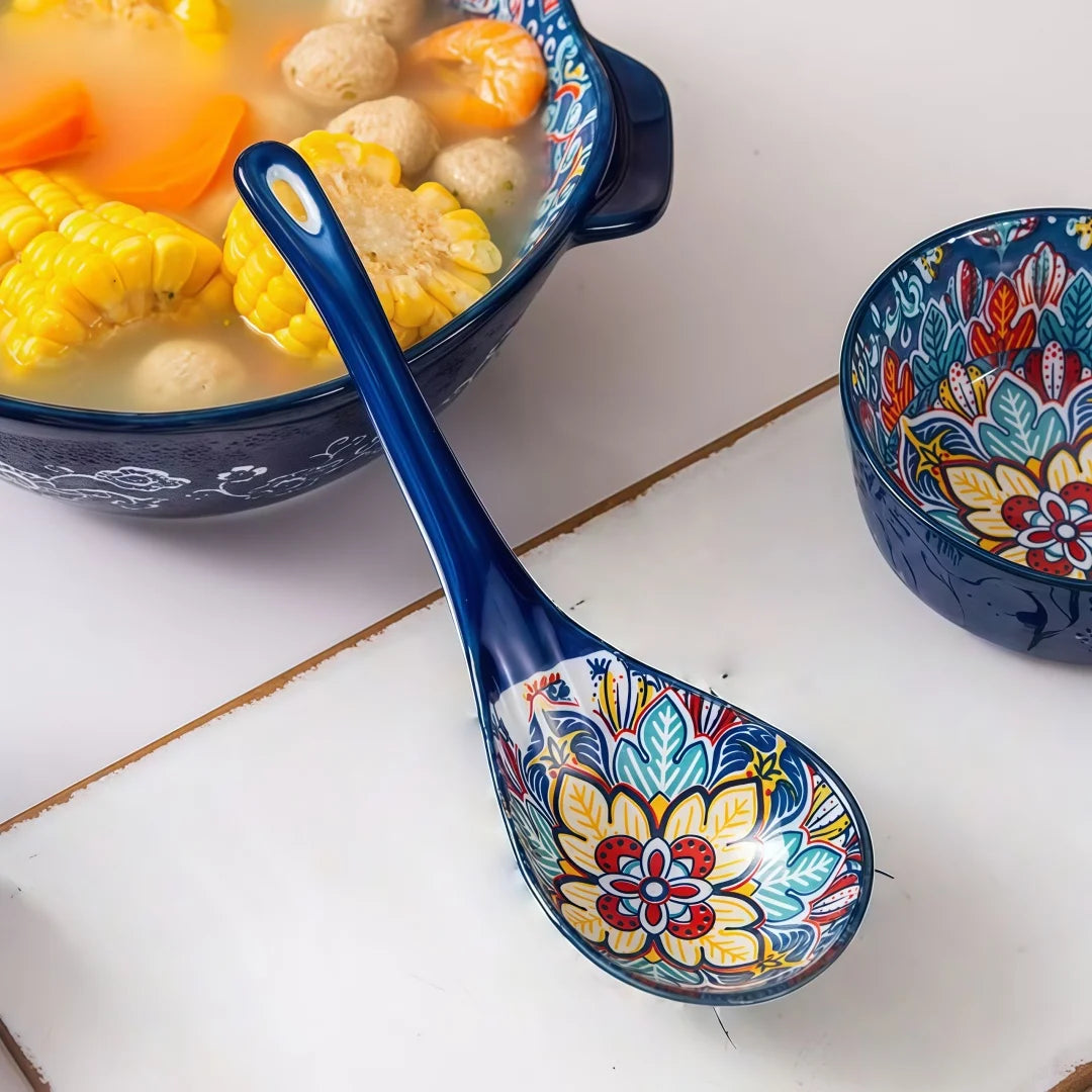 Set of 2 Bohemian Ceramic Serving Spoons - Colorful Decorative Utensils for Dining