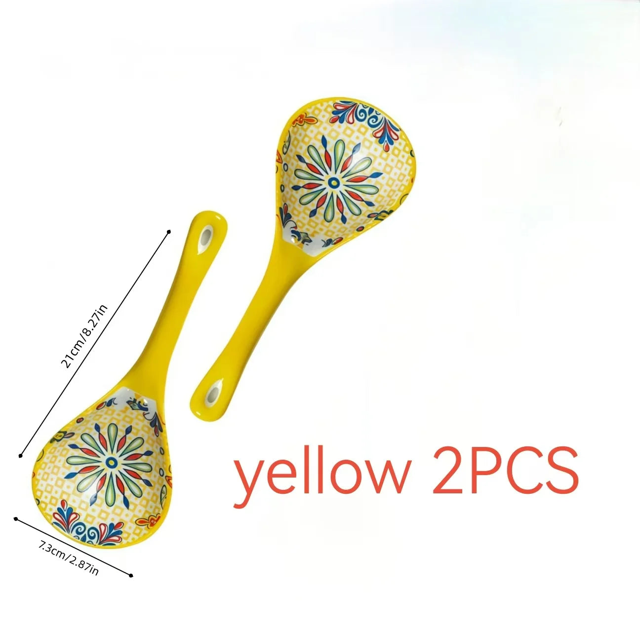 Set of 2 Bohemian Ceramic Serving Spoons - Colorful Decorative Utensils for Dining